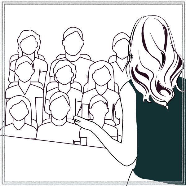 Illustration of Melanie speaking in the conference